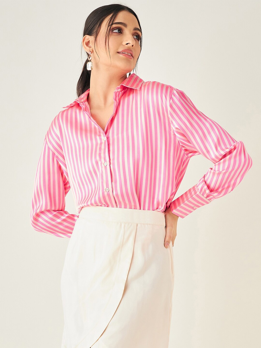 

JUNE & HARRY Relaxed Striped Satin Casual Shirt, Pink