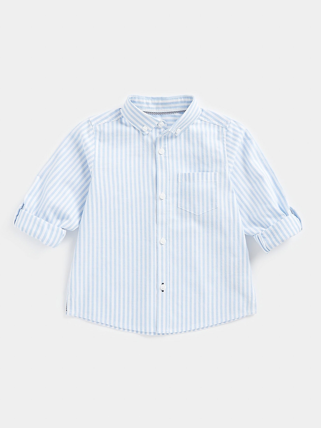 

mothercare Boys Striped Button Down Collar Roll- Up Sleeves Pure Cotton Casual Shirt, Blue