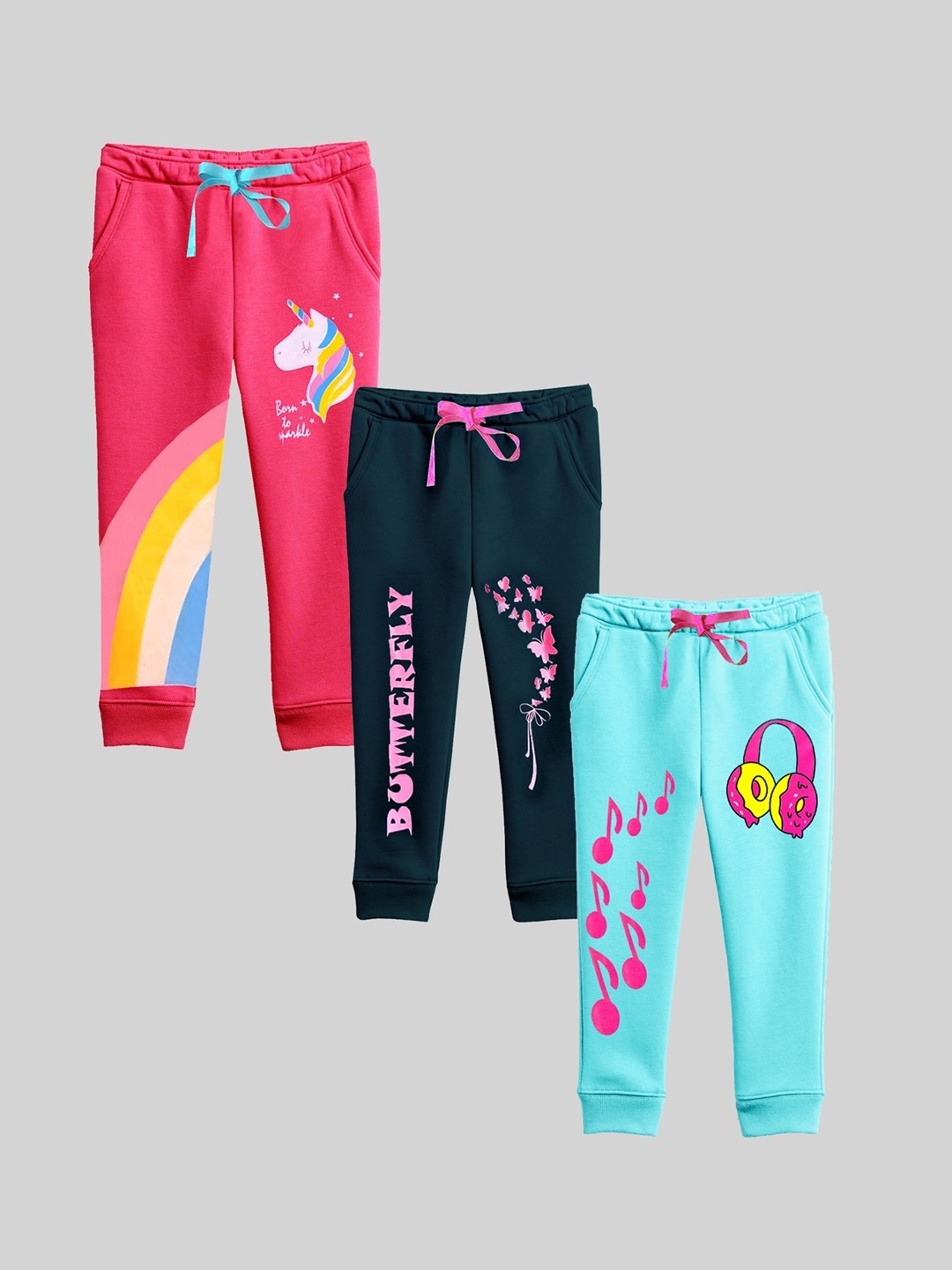 

KUCHIPOO Girls Pack Of 3 Printed Track Pants, Pink
