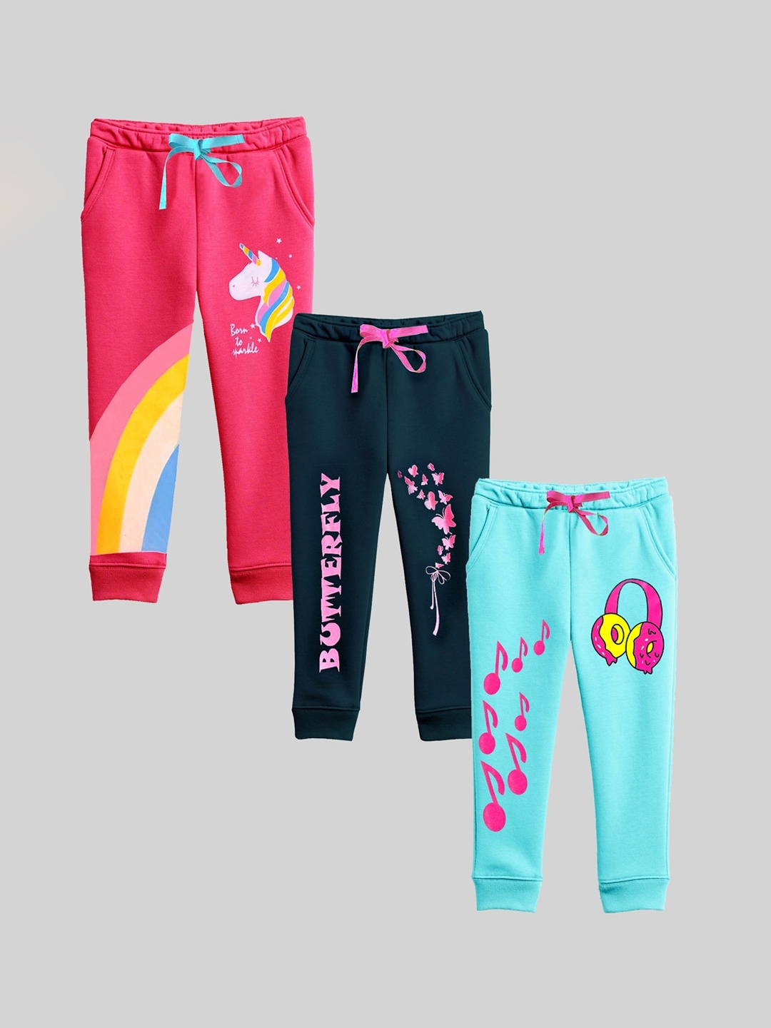 

KUCHIPOO Girls Pack Of 3 Graphic Printed Joggers, Pink