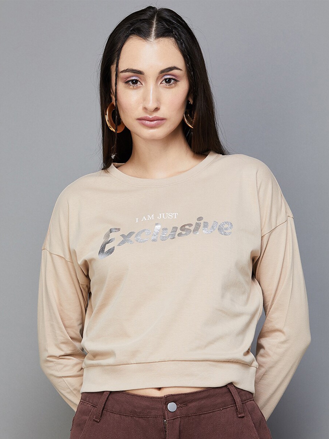 

Ginger by Lifestyle Typography Printed Pure Cotton Crop Sweatshirt, Beige