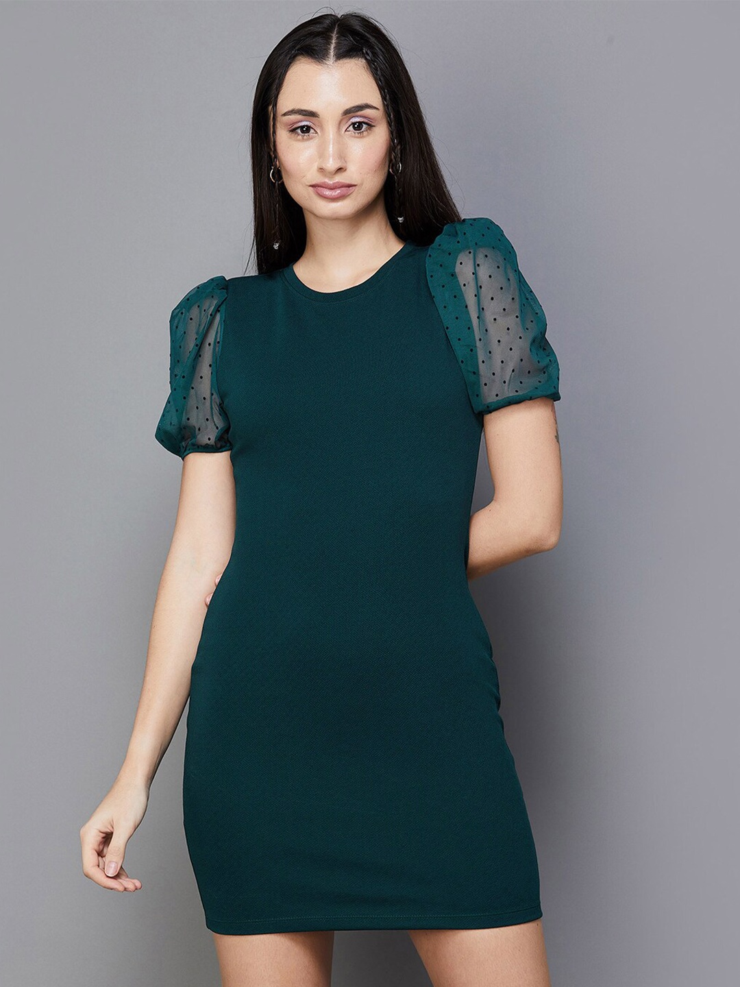 

Ginger by Lifestyle Round Neck Puff Sleeve Bodycon Above The Knee Dress, Green