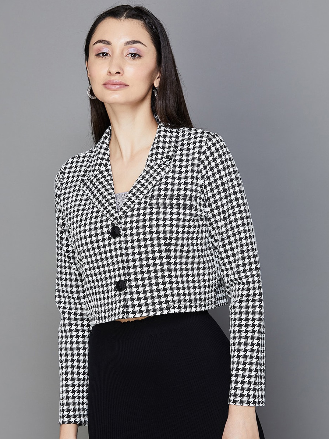 

Ginger by Lifestyle Checked Cuban Collar Crop Tailored Jacket, Black