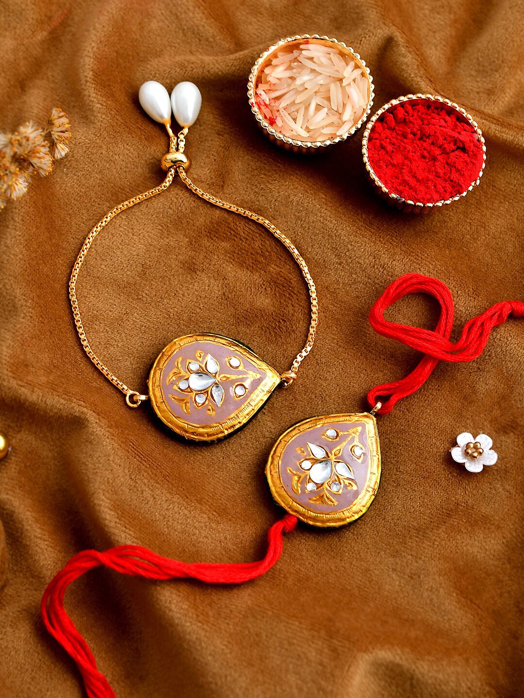 

Shoshaa Peach & Gold Kundan Meenakari Lumba Bracelete Rakhi with Roli Chawal