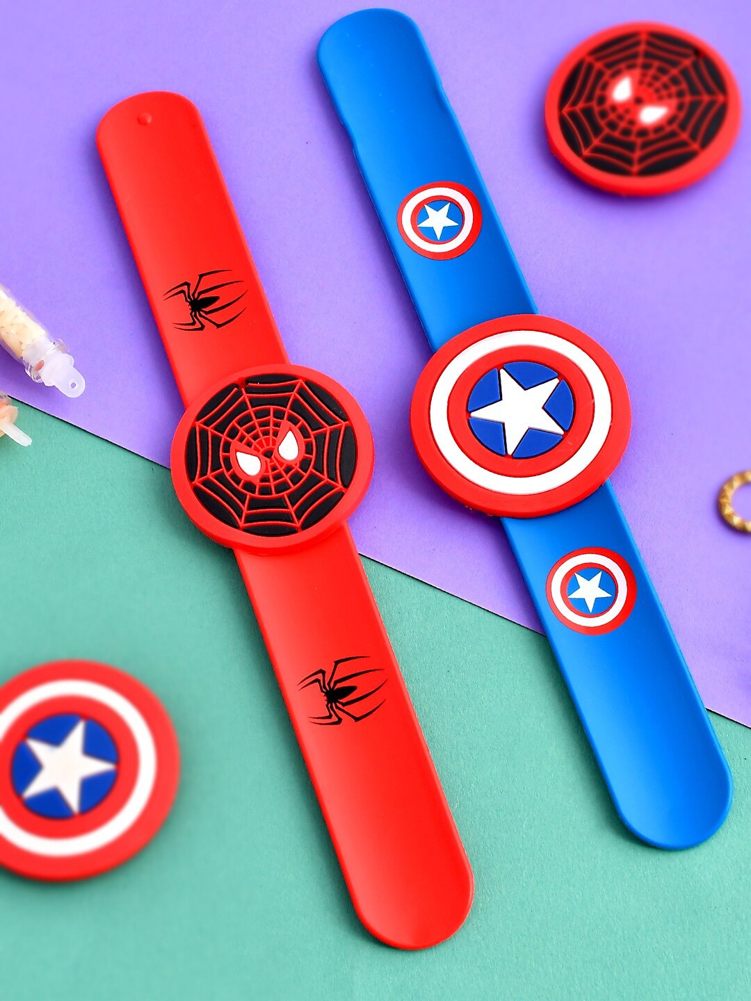 

Shoshaa Avengers Spiderman & Captain America Slap Band Rakhi Set with Roli Chawal, Blue