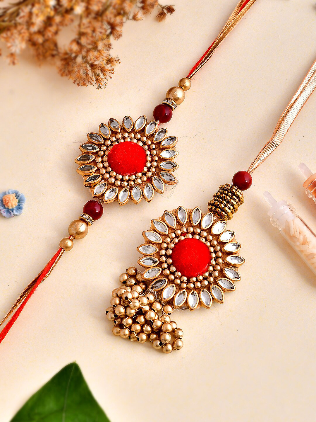 

Shoshaa Kundan Floral Bhai Bhabhi Rakhi & Lumba with Roli Chawal, Red