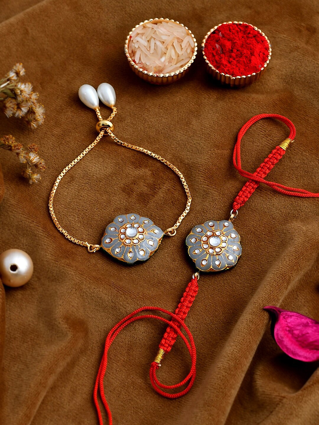 

Shoshaa Kundan Bhai Bhabhi Rakhi & Lumba Bracelete with Roli Chawal, Metallic