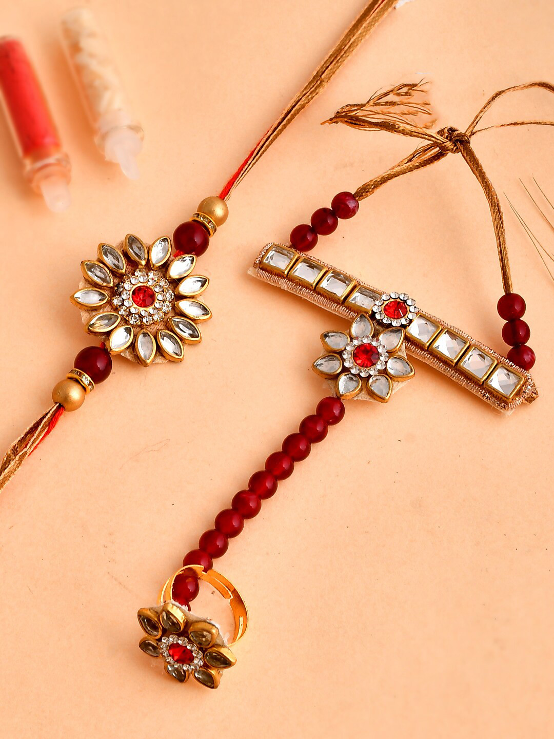 

Shoshaa Red & Gold Kundan Bhai Bhabhi Rakhi Lumba Bracelete Rakhi with Roli Chawal