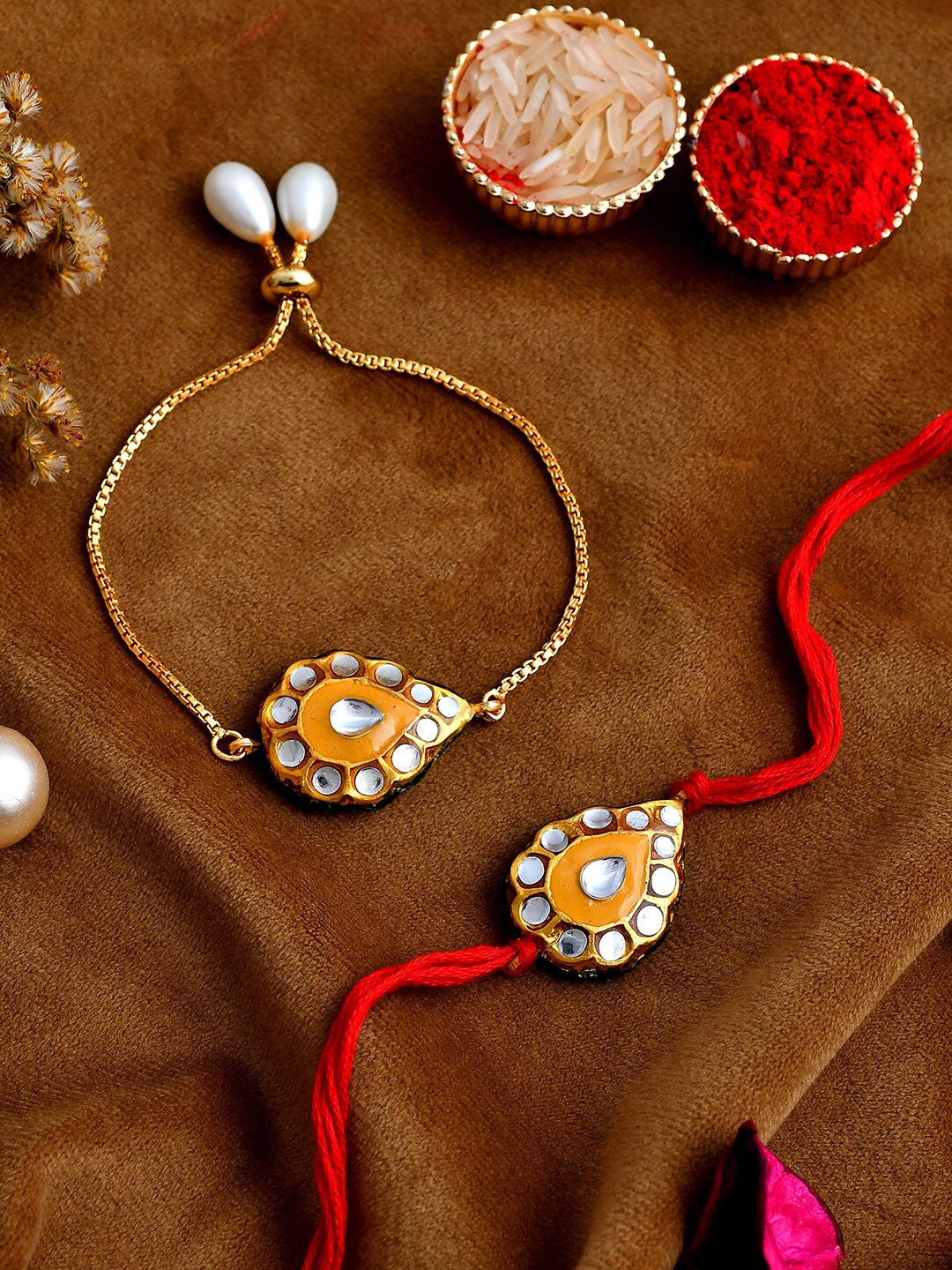 

Shoshaa Yellow & Gold Kundan Meenakari Lumba Bracelete Rakhi with Roli Chawal