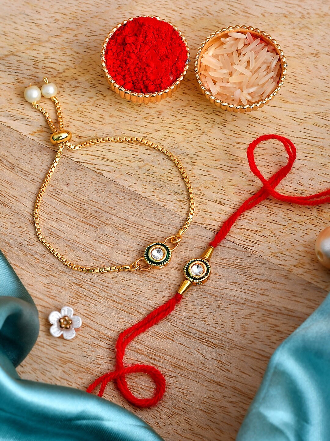 

Shoshaa Unisex Set Of 2 Kundan-Studded Rakhis With Roli Chawal, Gold