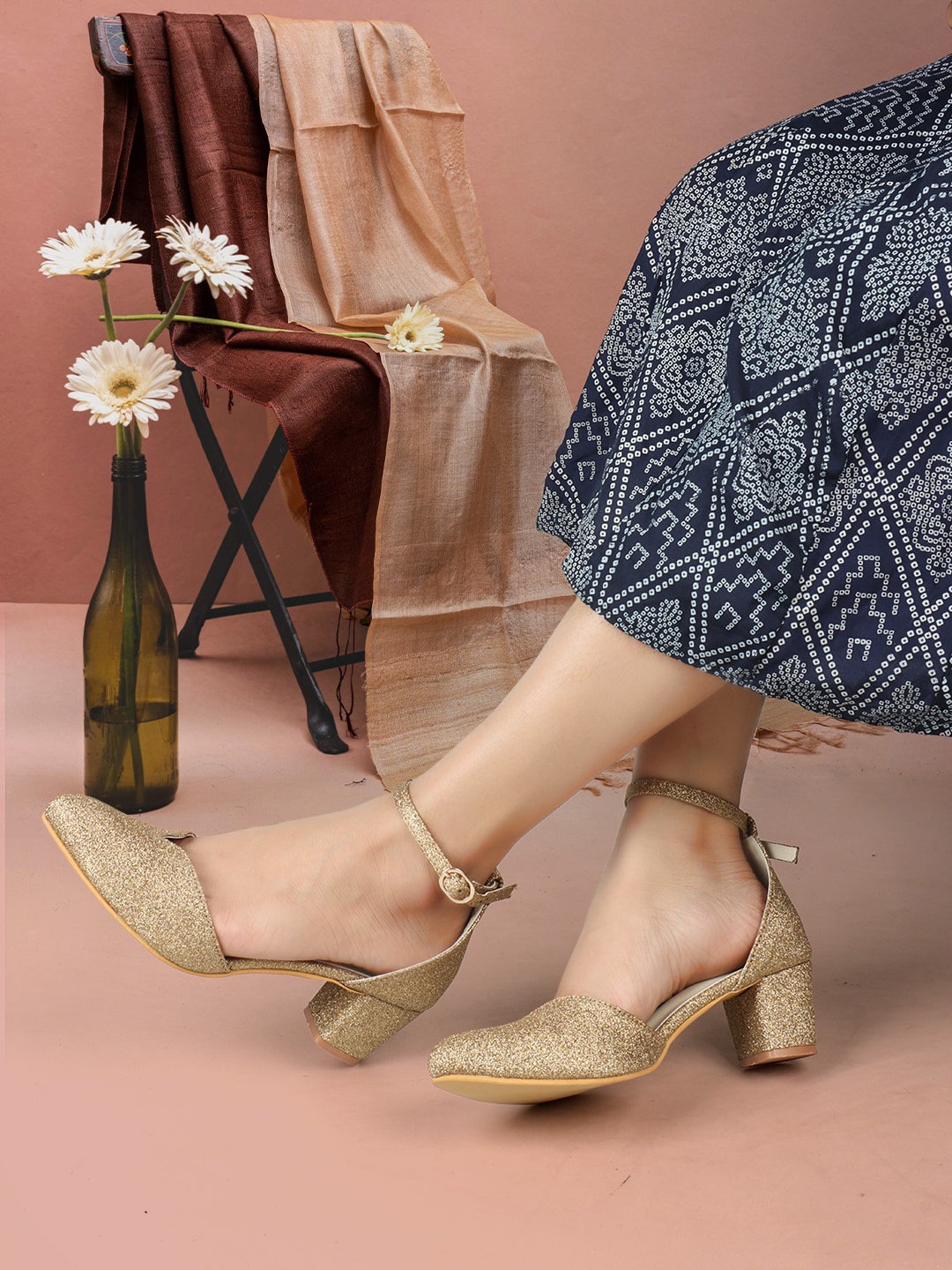 

ICONICS Pointed Toe Embellished Block Pumps With Ankle Loop, Gold