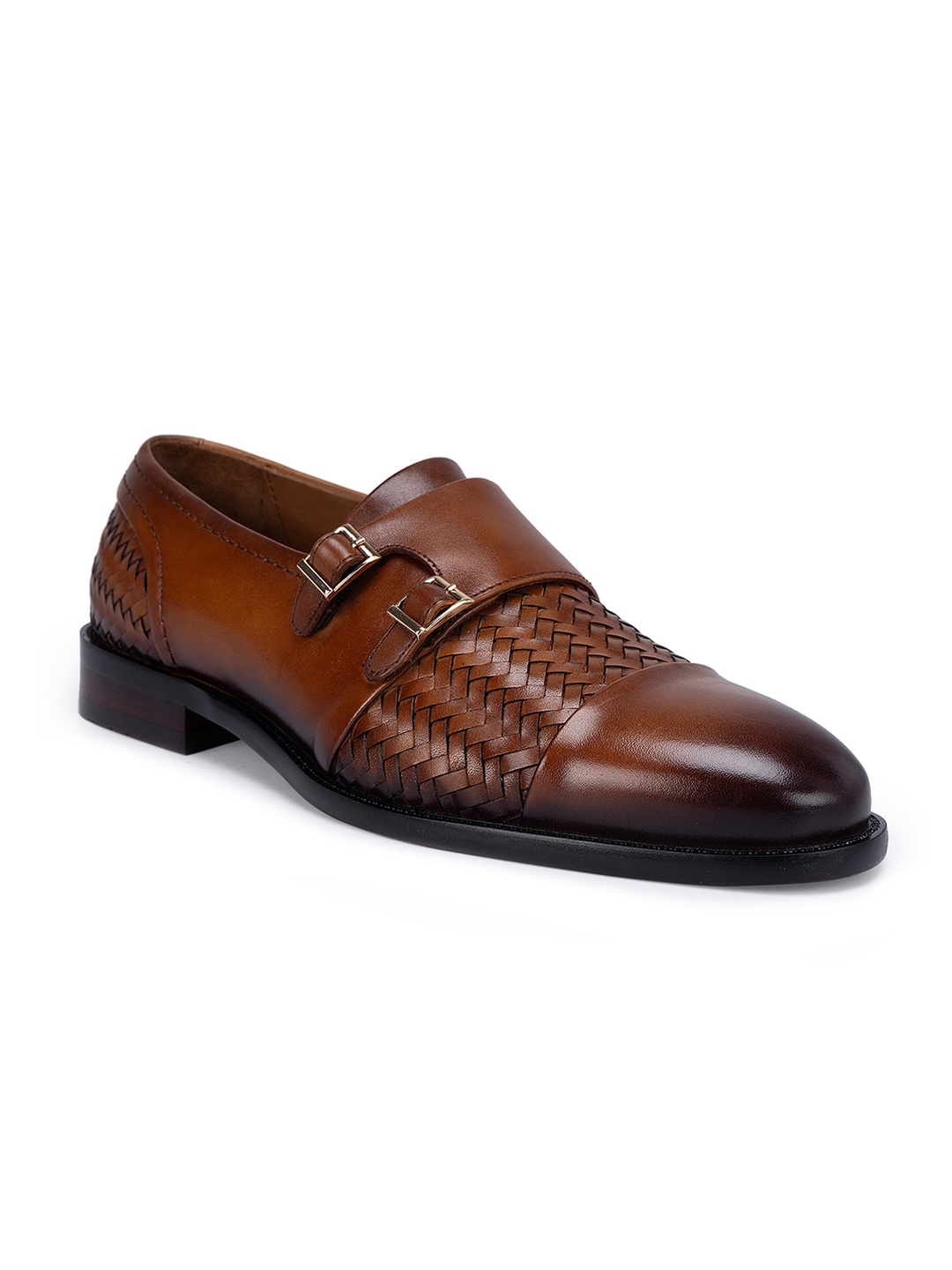 

ROSSO BRUNELLO Men Textured Leather Formal Monk Shoes, Tan