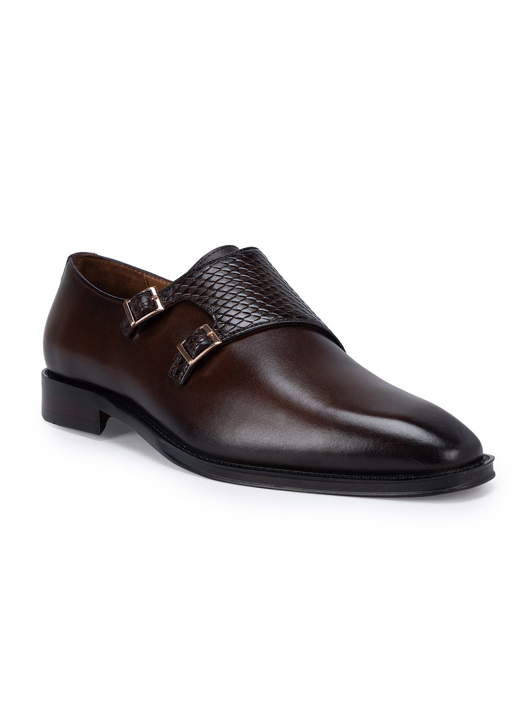 

ROSSO BRUNELLO Men Textured Leather Formal Monk Shoes, Coffee brown