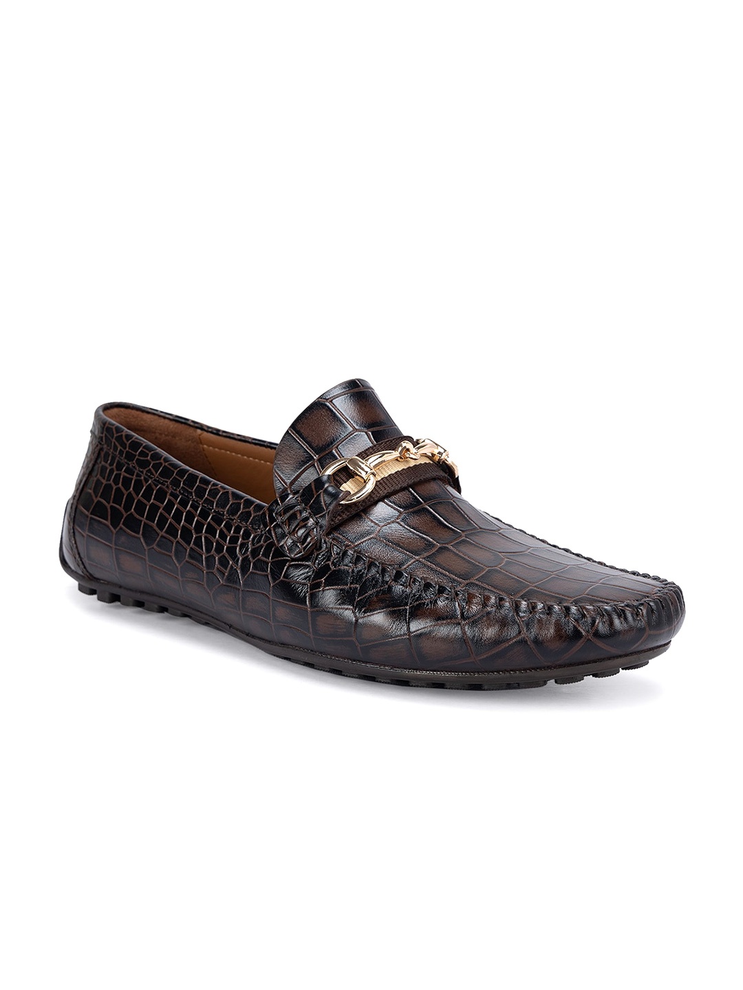 

ROSSO BRUNELLO Men Textured Leather Formal Loafers, Coffee brown