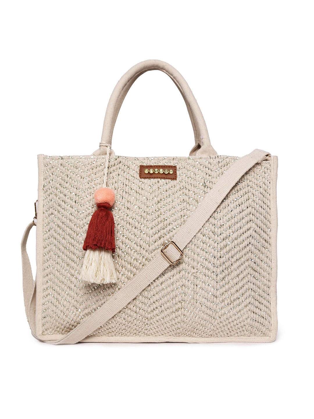 

ASTRID Self Design Structured Cotton Handheld Bag with Tasselled Detail, Off white