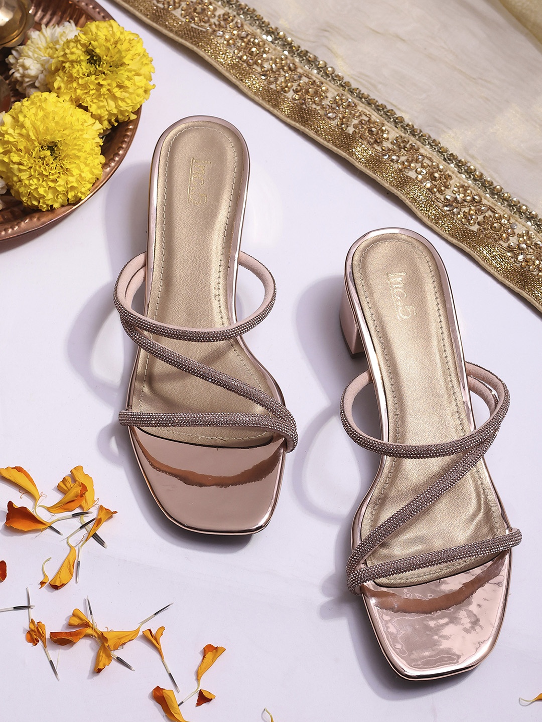 

Inc 5 Embellished Open Toe Block Heels, Rose gold