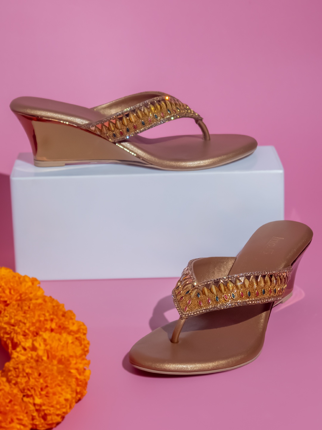 

Inc 5 Embellished Open Toe Wedges, Gold