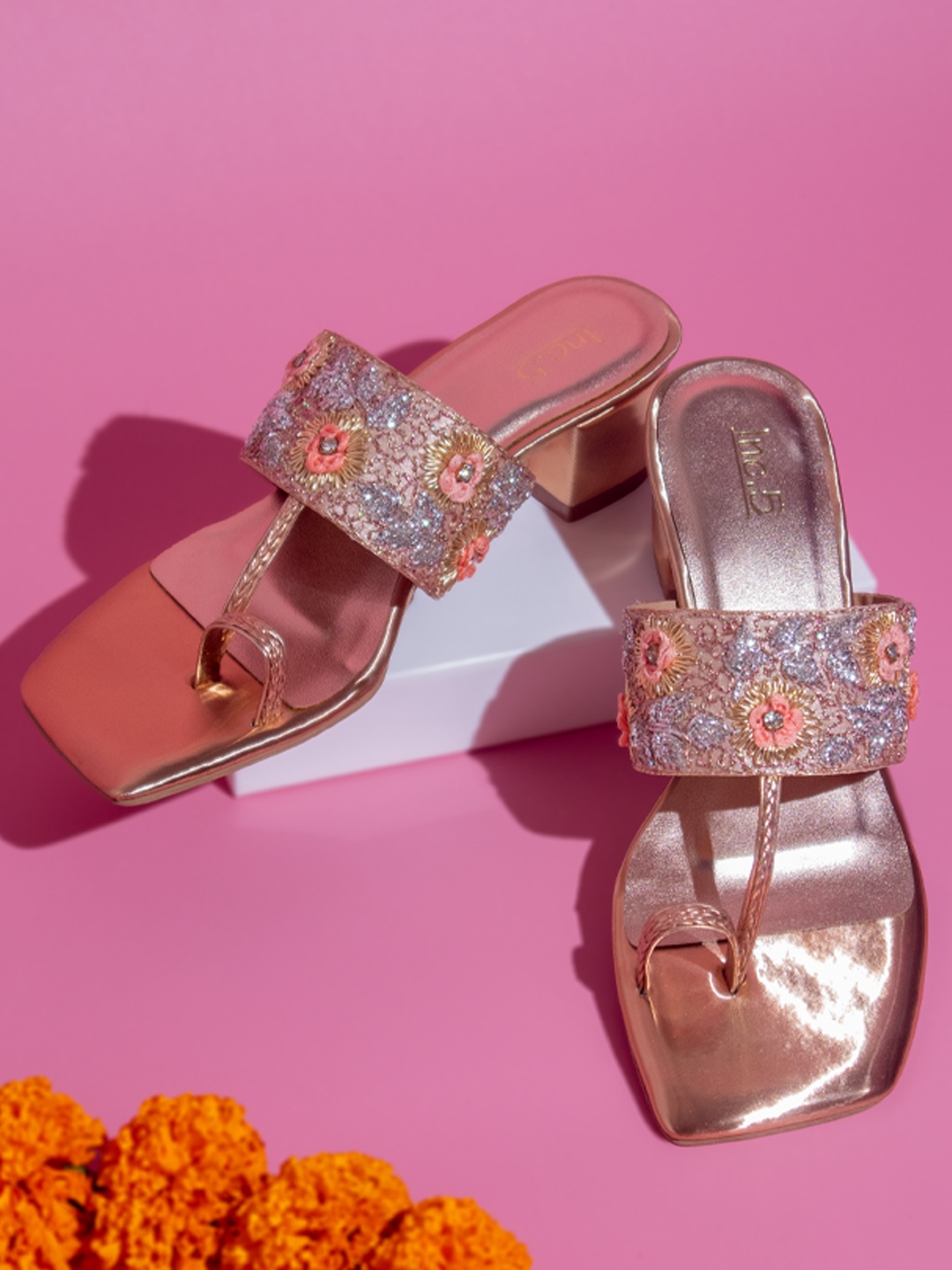 

Inc 5 Embellished One-Toe Block Heels, Rose gold