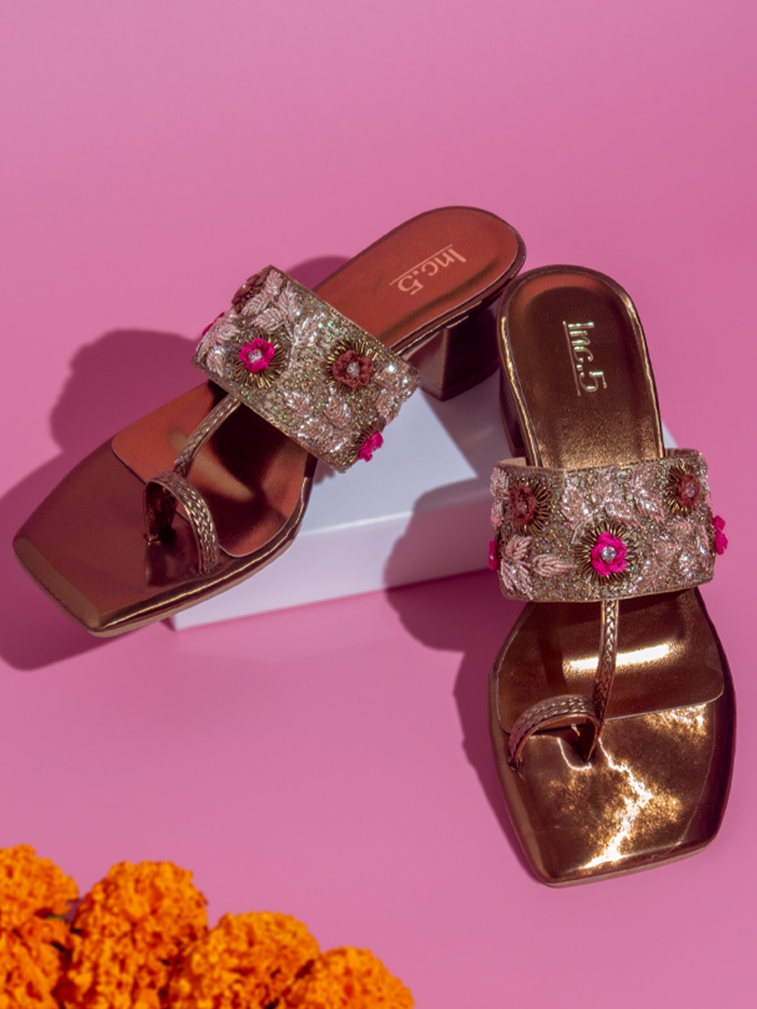 

Inc 5 Ethnic Embellished Block Heels, Gold
