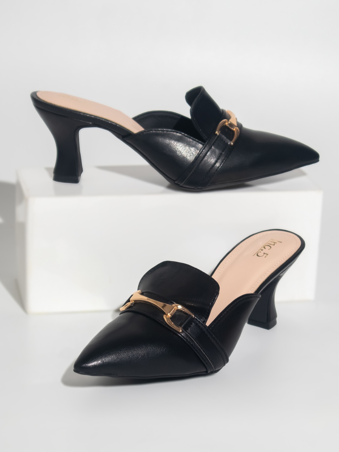 

Inc 5 Pointed Toe Embellished Block Horsebit Mules, Black