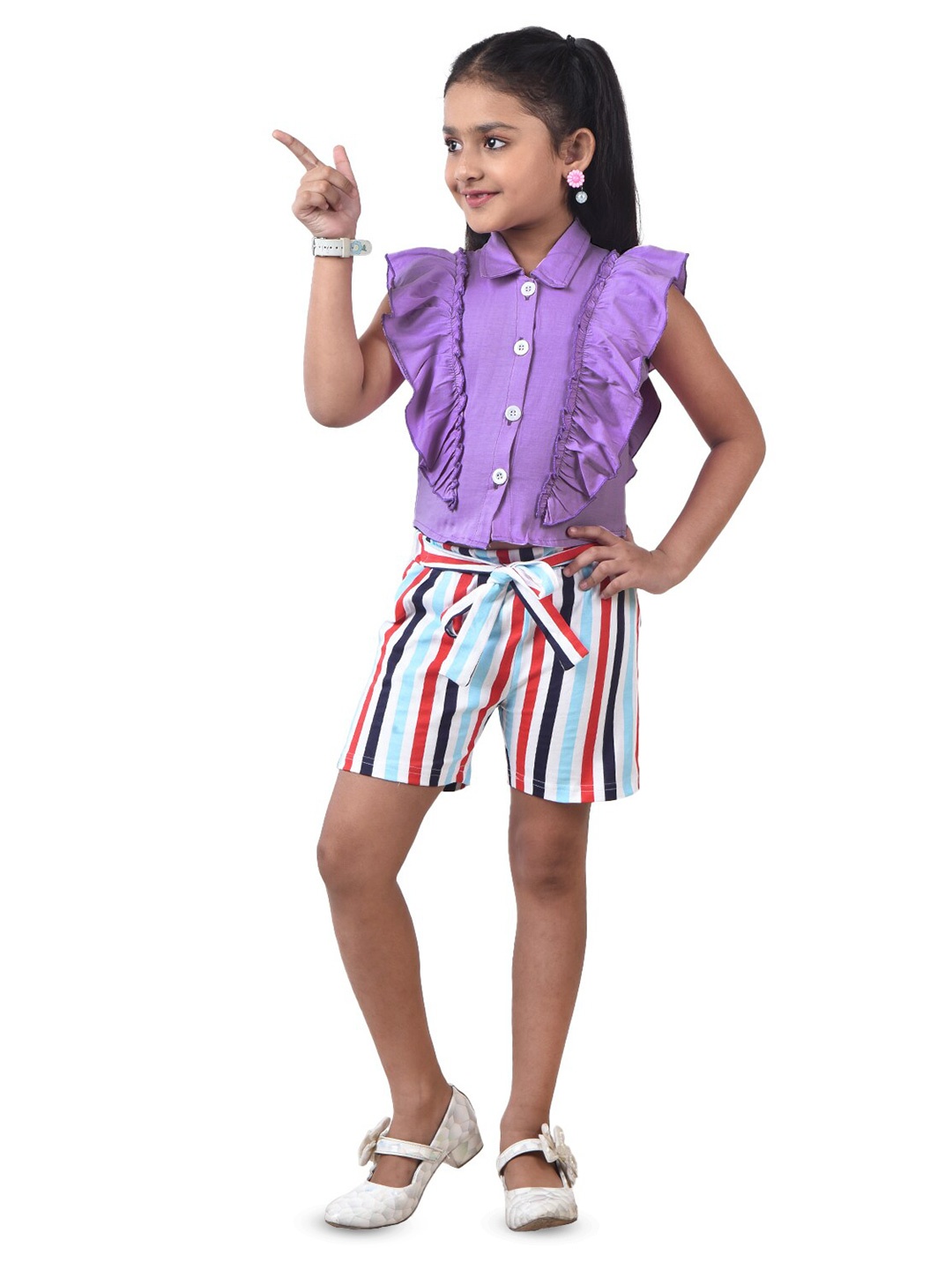 

POMY & JINNY Girls Pure Cotton Shirt Collar Top with Shorts, Purple