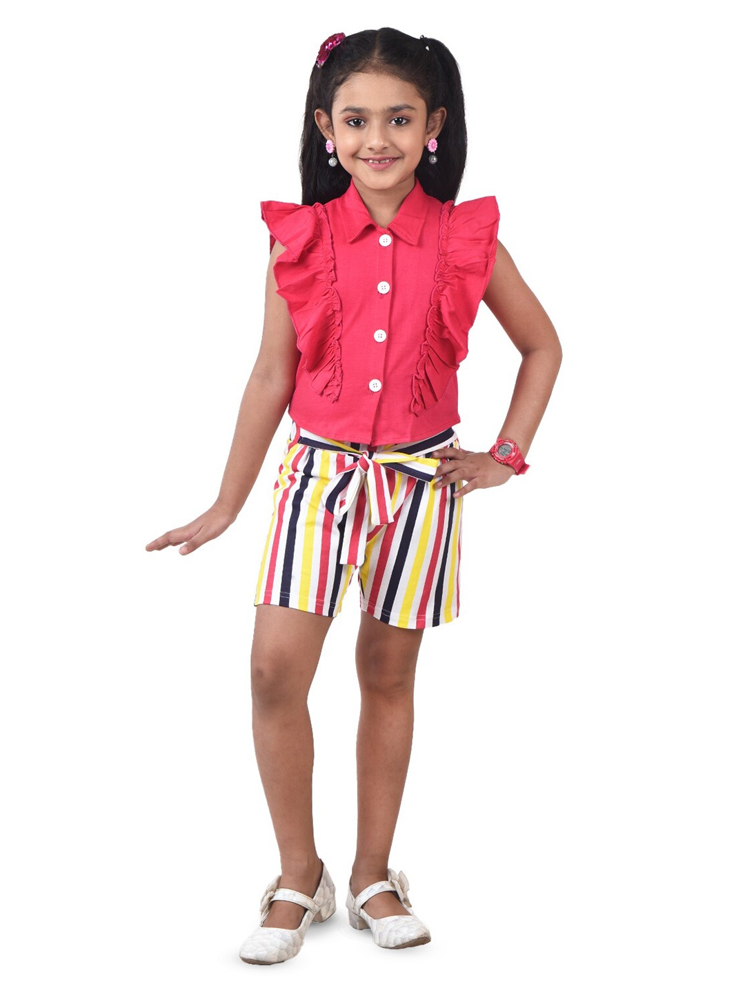 

POMY & JINNY Girls Pure Cotton Shirt Collar Top with Shorts, Pink