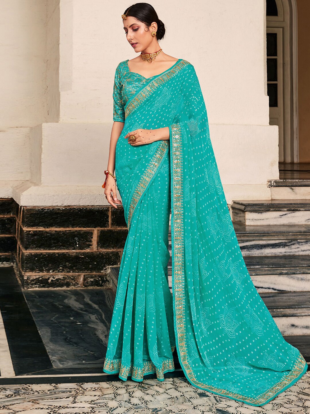 

Mitera Turquoise Blue & Gold-Toned Bandhani Printed Embroidered Saree