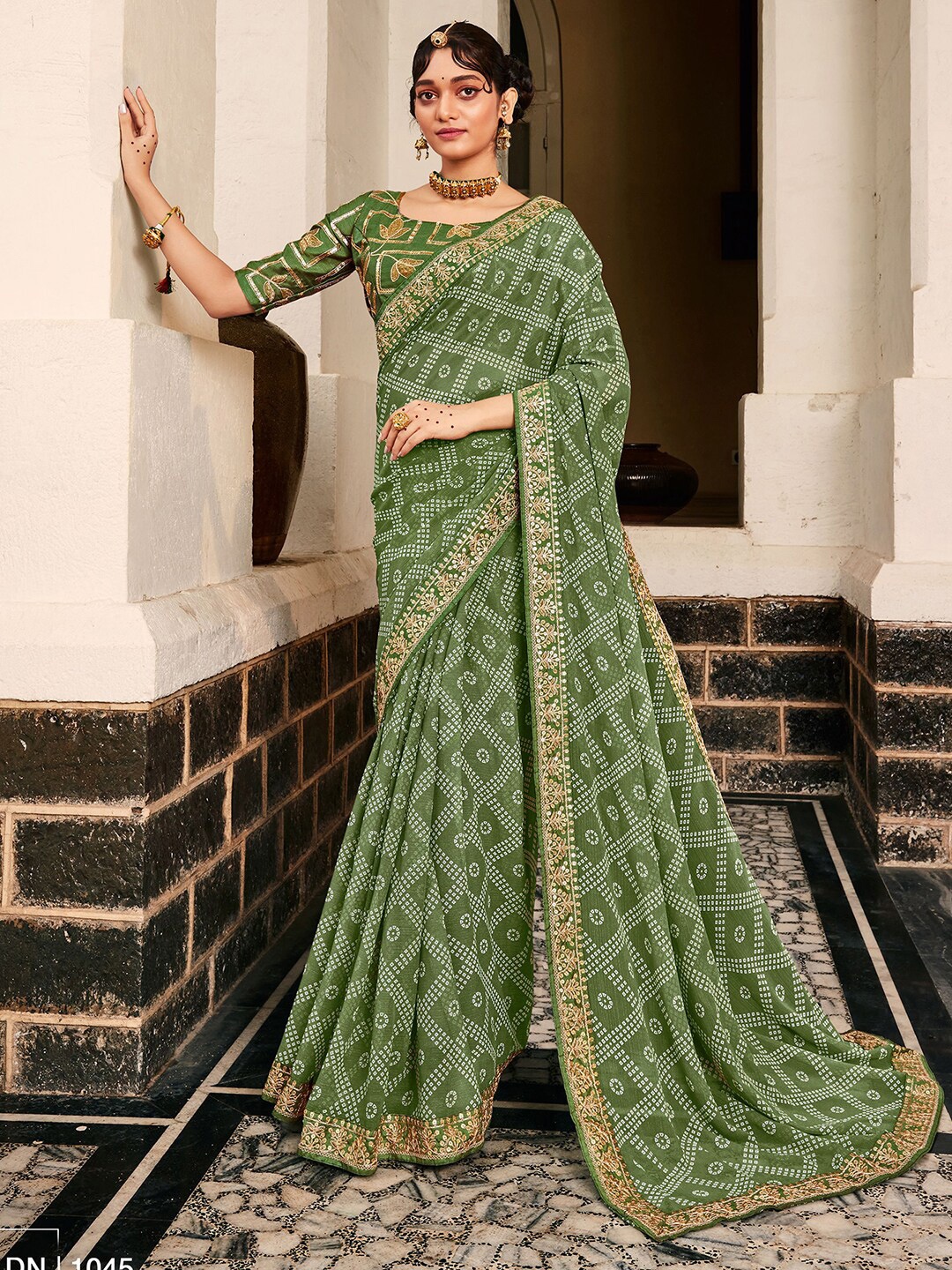 

Mitera Olive Green & White Bandhani Printed Sequinned Saree