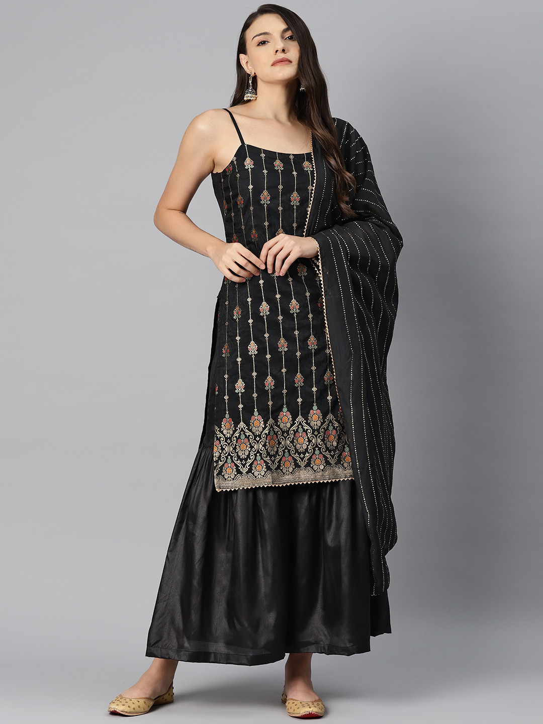 

Sunehri Women Floral Regular Thread Work Kurta with Sharara & With Dupatta, Black