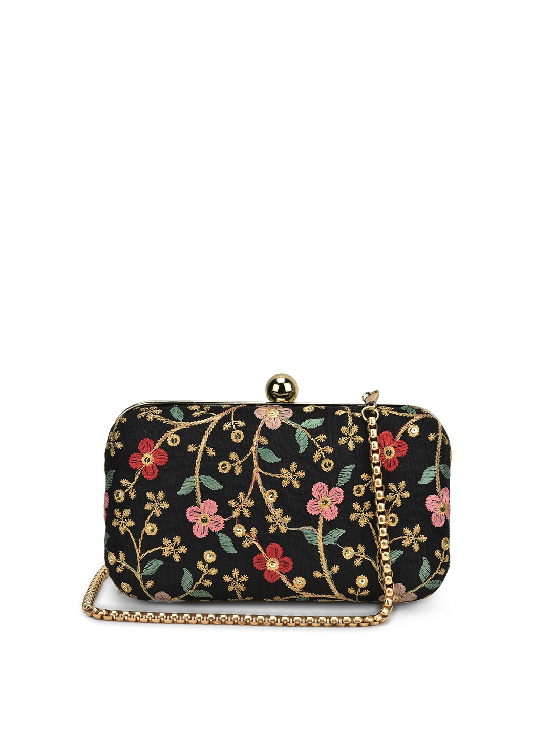 

gaura pakhi Embroidered Sequined Wrist Loop Box Clutch, Black