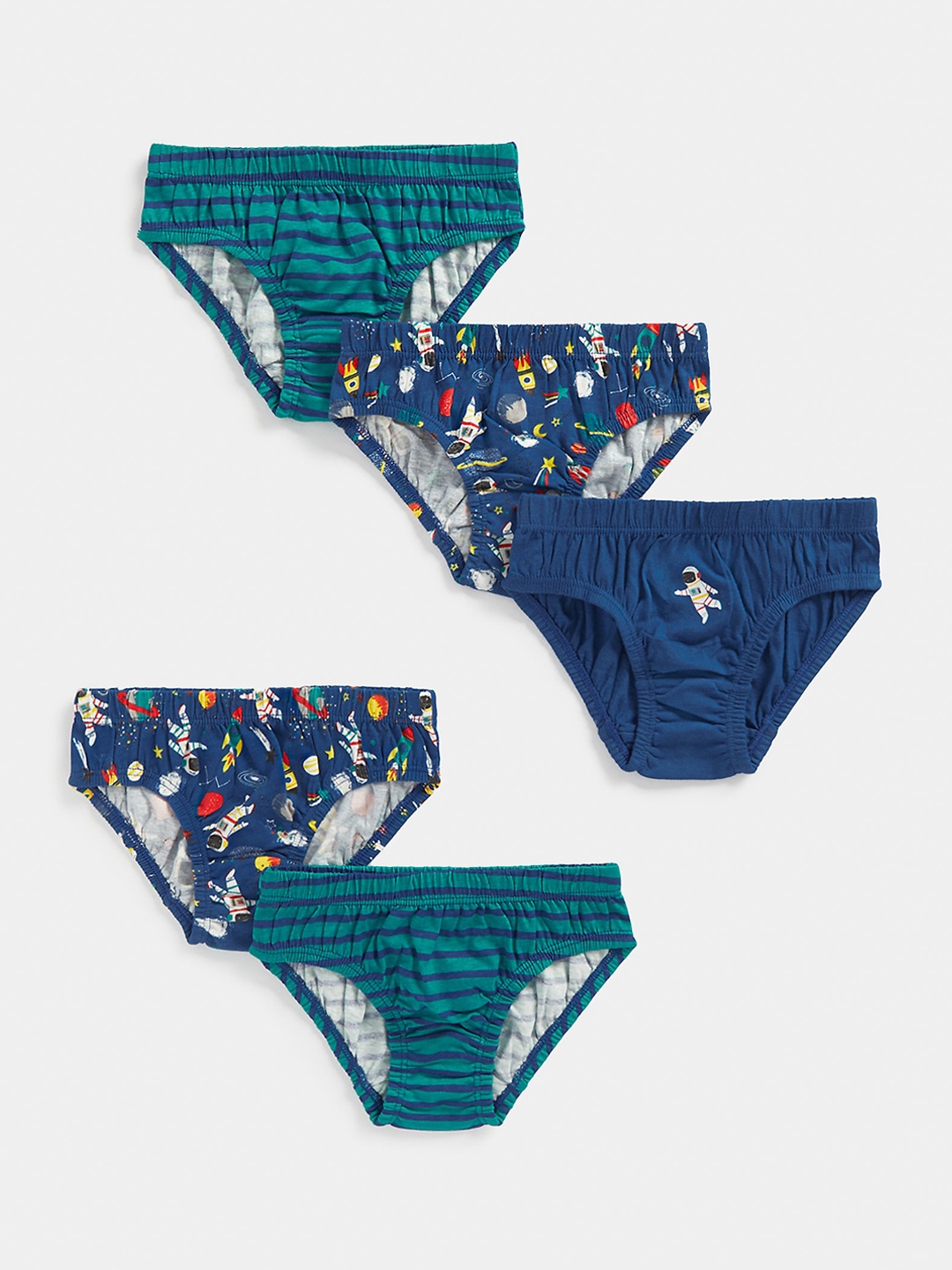 

Mothercare Boys Pack Of 5 Conversational Printed Mid-Rise Pure Cotton Briefs 410266507009, Blue