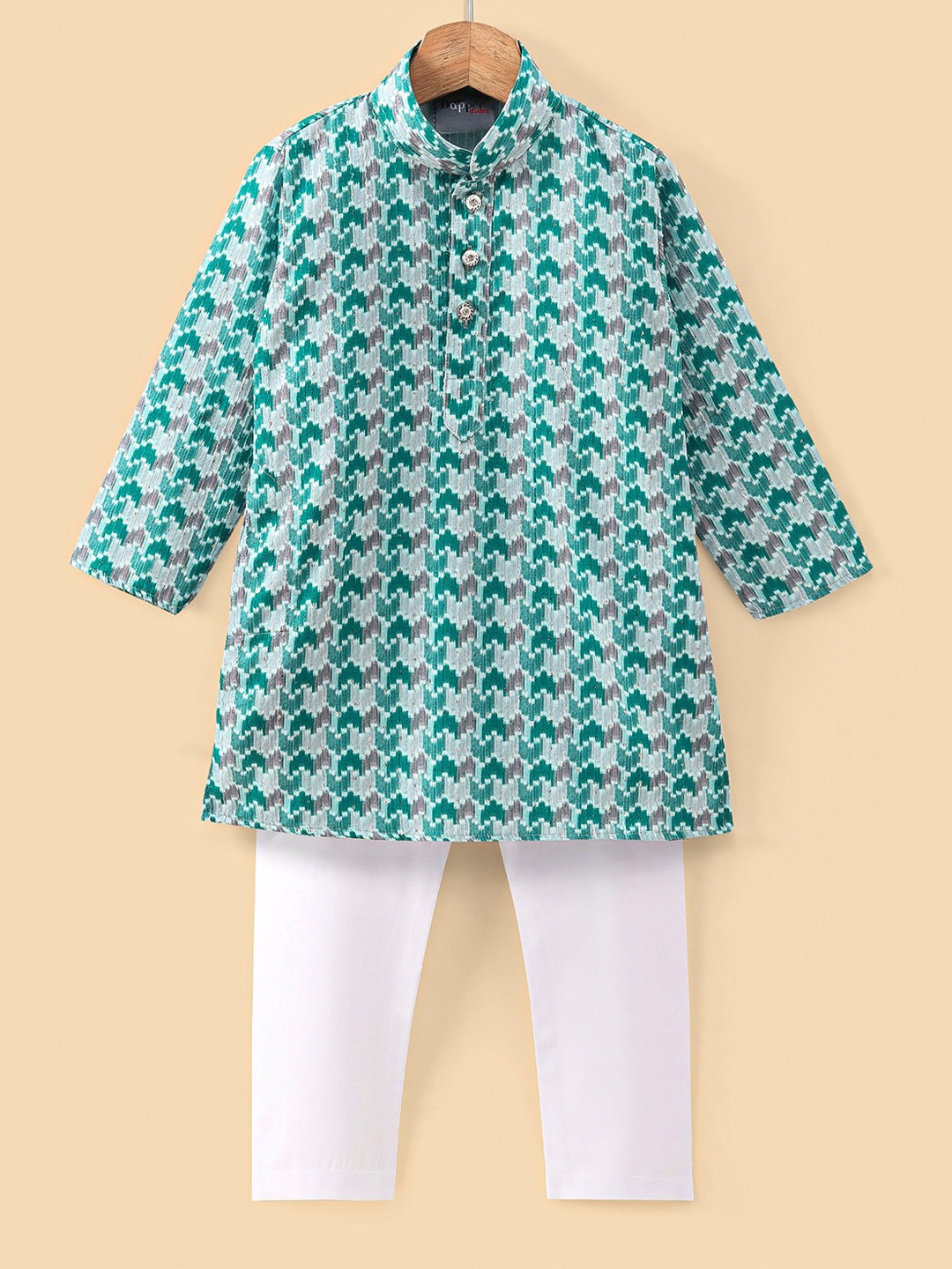 

Dapper dudes Boys Abstract Printed Mandarin Collar Kurta with Pyjamas, Green