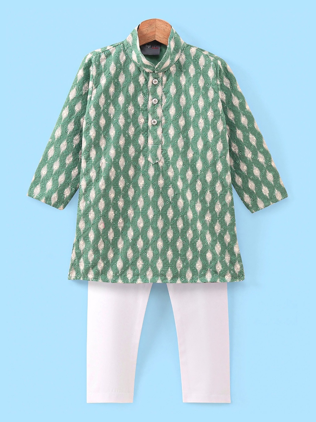 

Dapper dudes Boys Ethnic Motifs Embroidered Thread Work Regular Kurta With Pyjamas, Olive