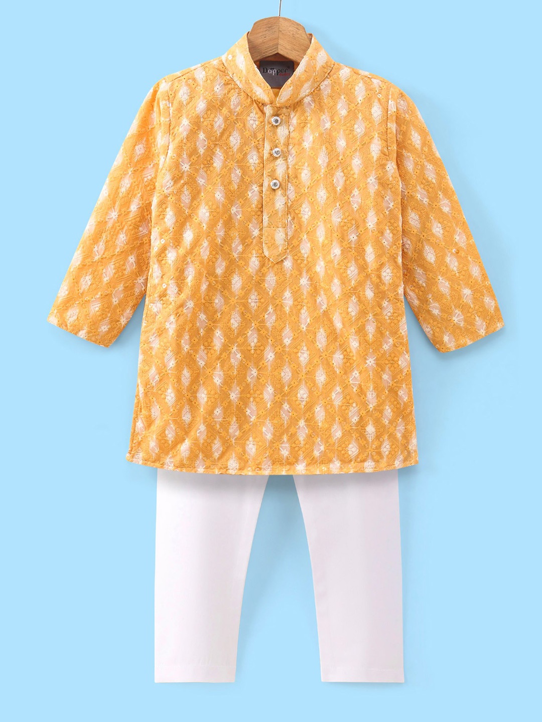 

Dapper dudes Boys Ethnic Motifs Embroidered Thread Work Regular Kurta With Pyjamas, Yellow