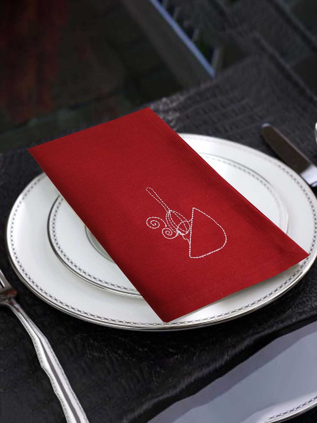 

Lushomes Red & White 6 Pieces Embroidered Pure Cotton Table Napkin