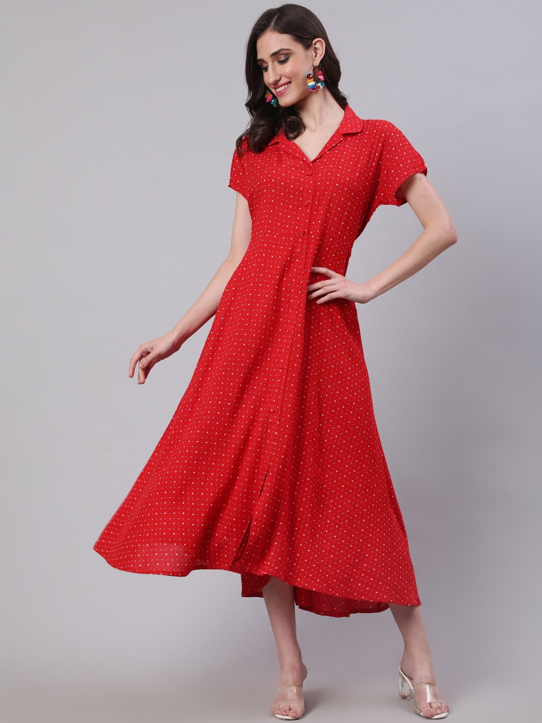 

SAK JAIPUR V-Neck Polka Dots Printed V-Neck A-Line Midi Dress, Red