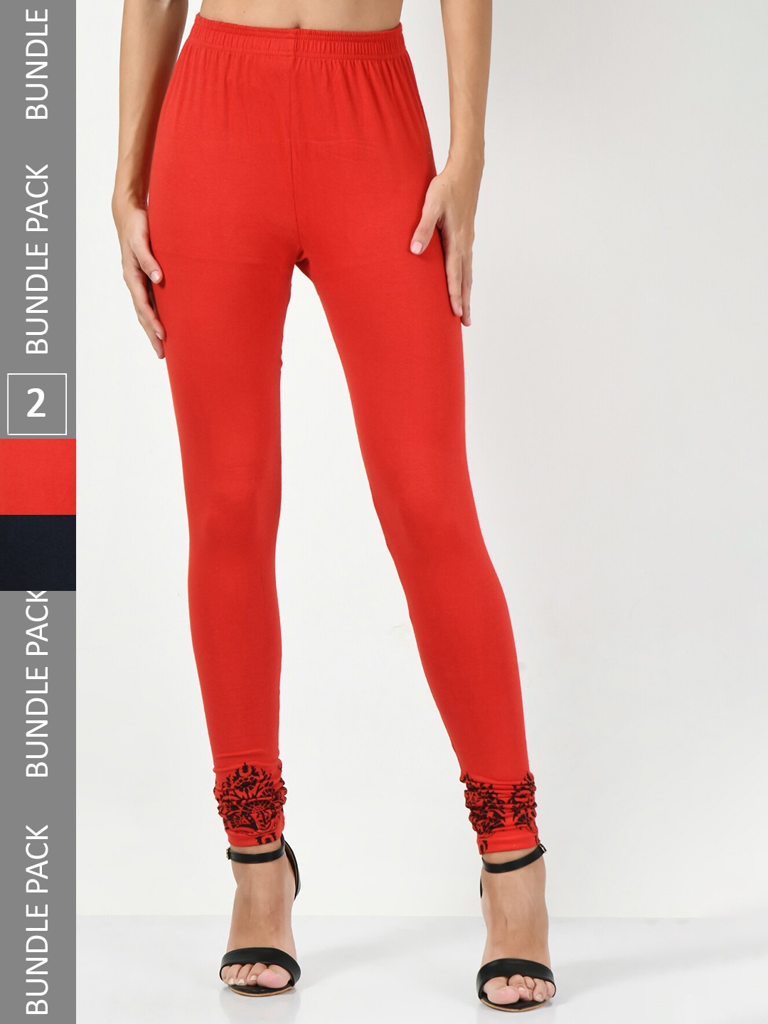 

BAESD Women Pack Of 2 Printed Slim-Fit Churidar-length Leggings, Red