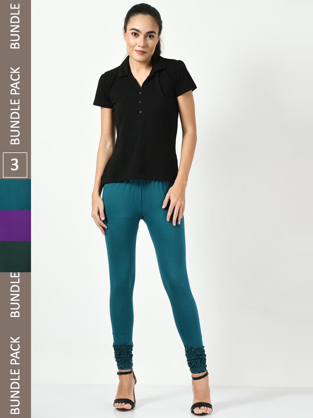 

BAESD Pack Of 3 Printed Slim-Fit Churidar-length Soft Cotton Leggings, Teal