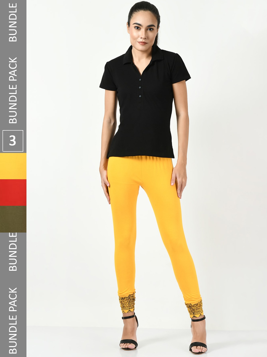 

BAESD Pack Of 3 Printed Cotton Lycra Churidar-Length Leggings, Yellow