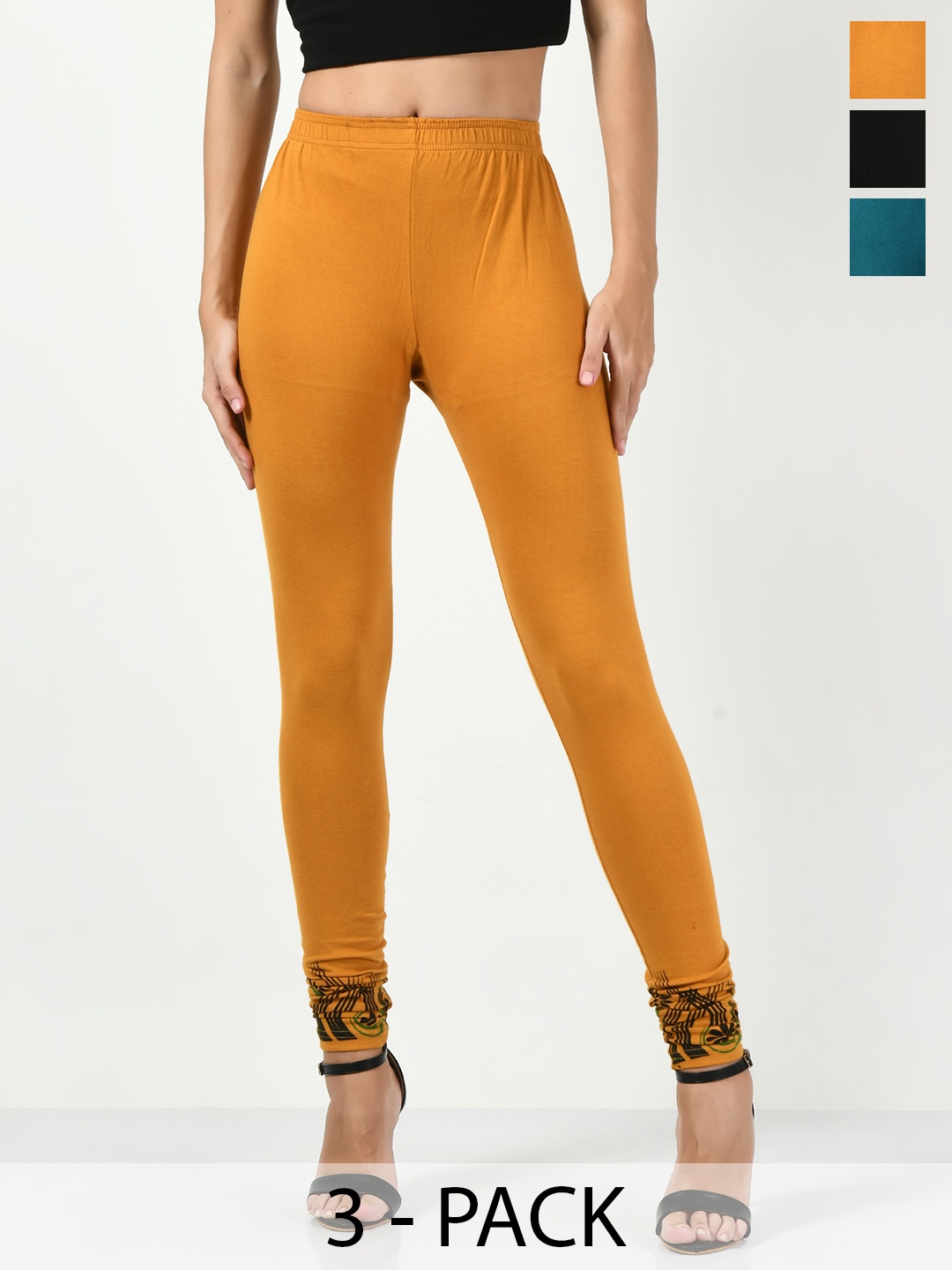 

BAESD Pack Of 3 Printed Slim-Fit Churidar-length Cotton Soft Leggings, Mustard
