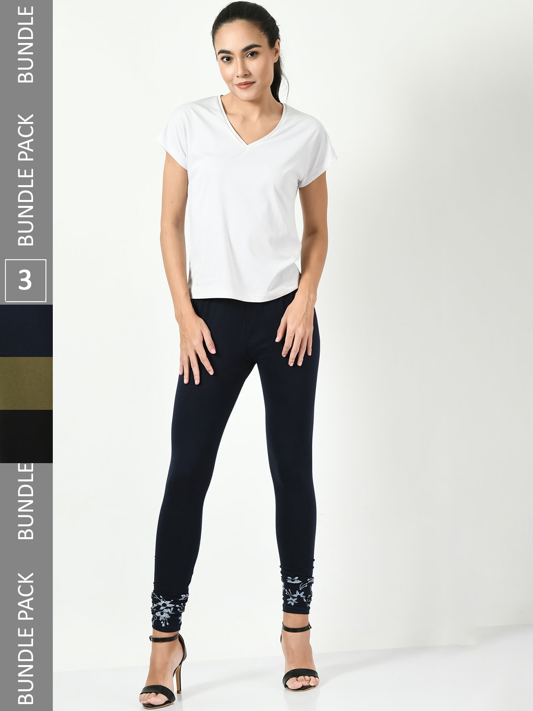 

BAESD Pack Of 3 Printed Slim-Fit Churidar-length Cotton Lycra Legging, Navy blue