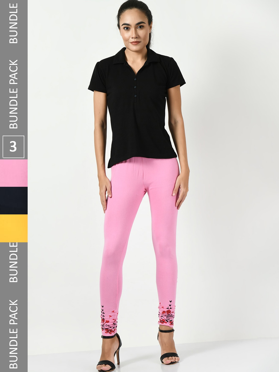 

BAESD Pack Of 3 Printed Slim-Fit Soft Churidar-Length Leggings, Pink