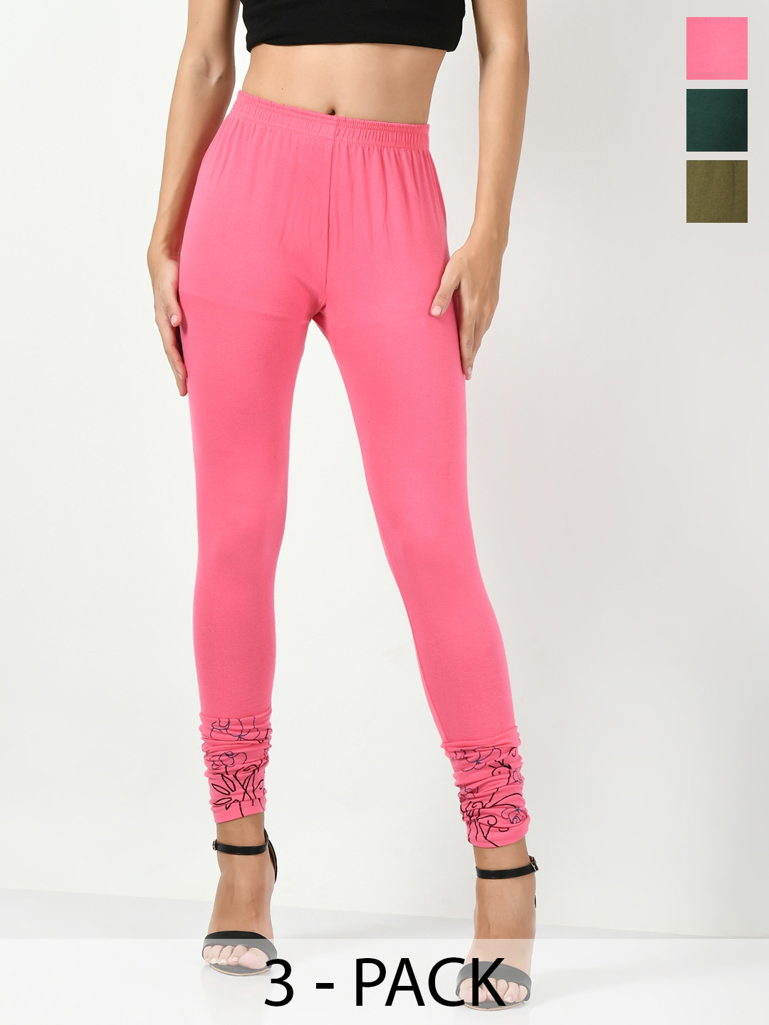 

BAESD Pack Of 3 Slim-Fit Churidar-Length Cotton Lycra Leggings, Pink
