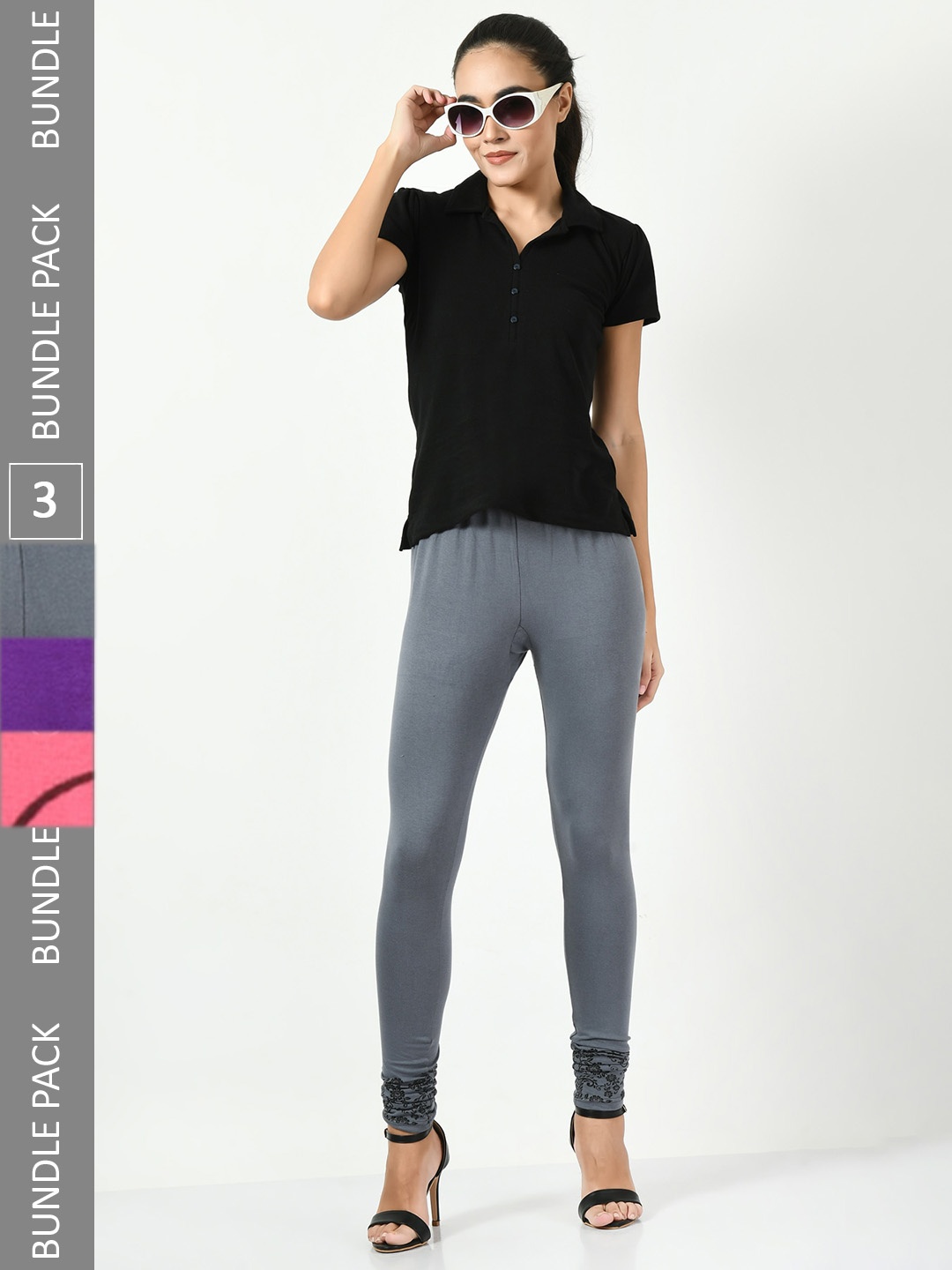 

BAESD Pack Of 3 Printed Slim-Fit Soft Churidar-Length Leggings, Grey