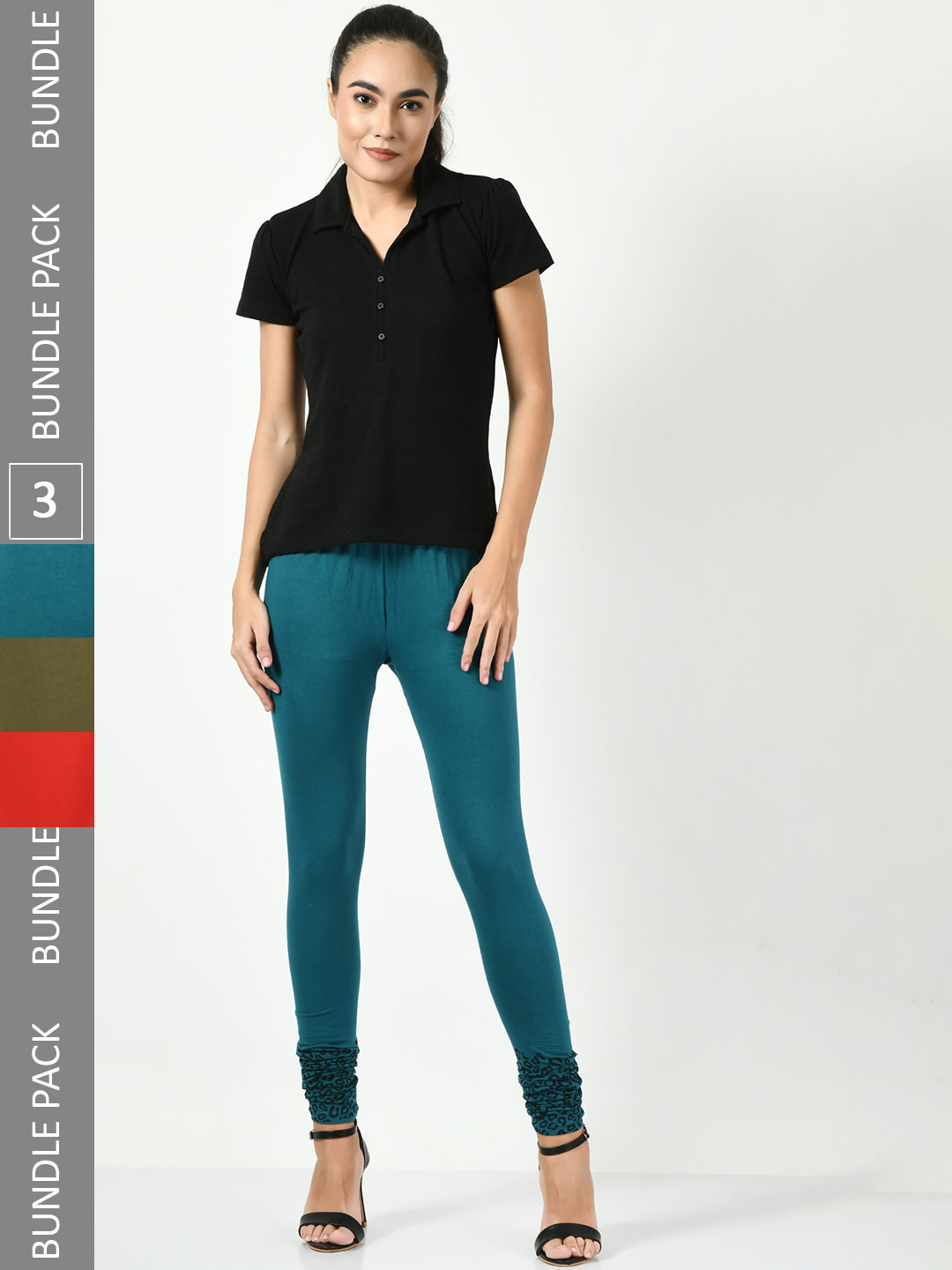 

BAESD Pack Of 3 Printed Churidar-Length Cotton Lycra Leggings, Teal