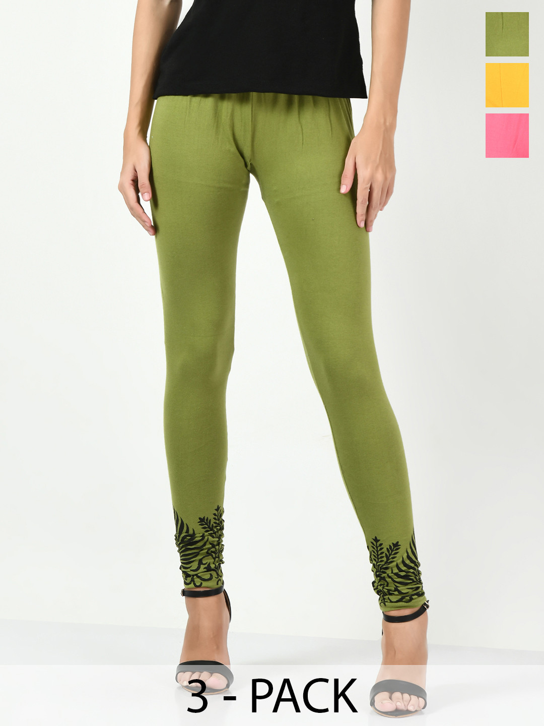 

BAESD Pack Of 3 Printed Slim-Fit Churidar-length Soft Cotton Lycra Leggings, Green