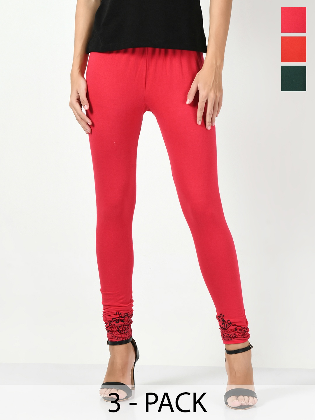 

BAESD Pack Of 3 Printed Slim-Fit Churidar-Length Soft Leggings, Pink