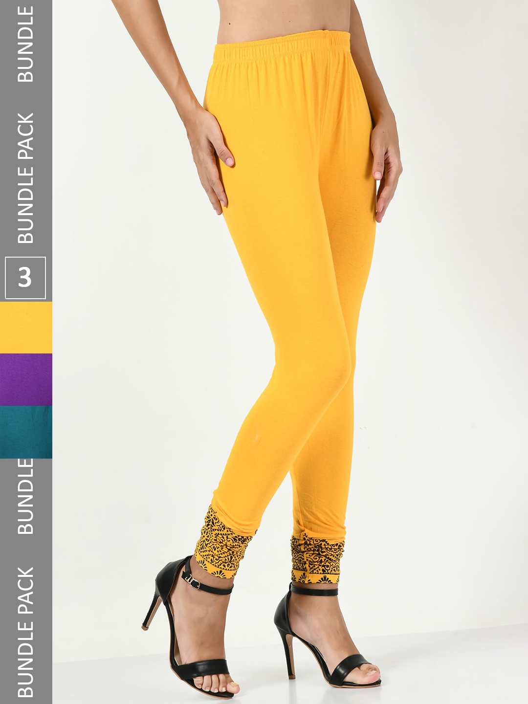 

BAESD Pack Of 3 Printed Slim-Fit Churidar-length Leggings, Yellow