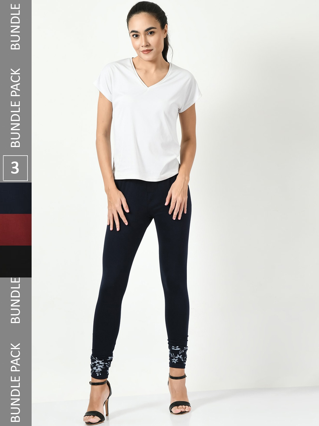 

BAESD Pack Of 3 Bottom Printed Churidar Length Leggings, Navy blue