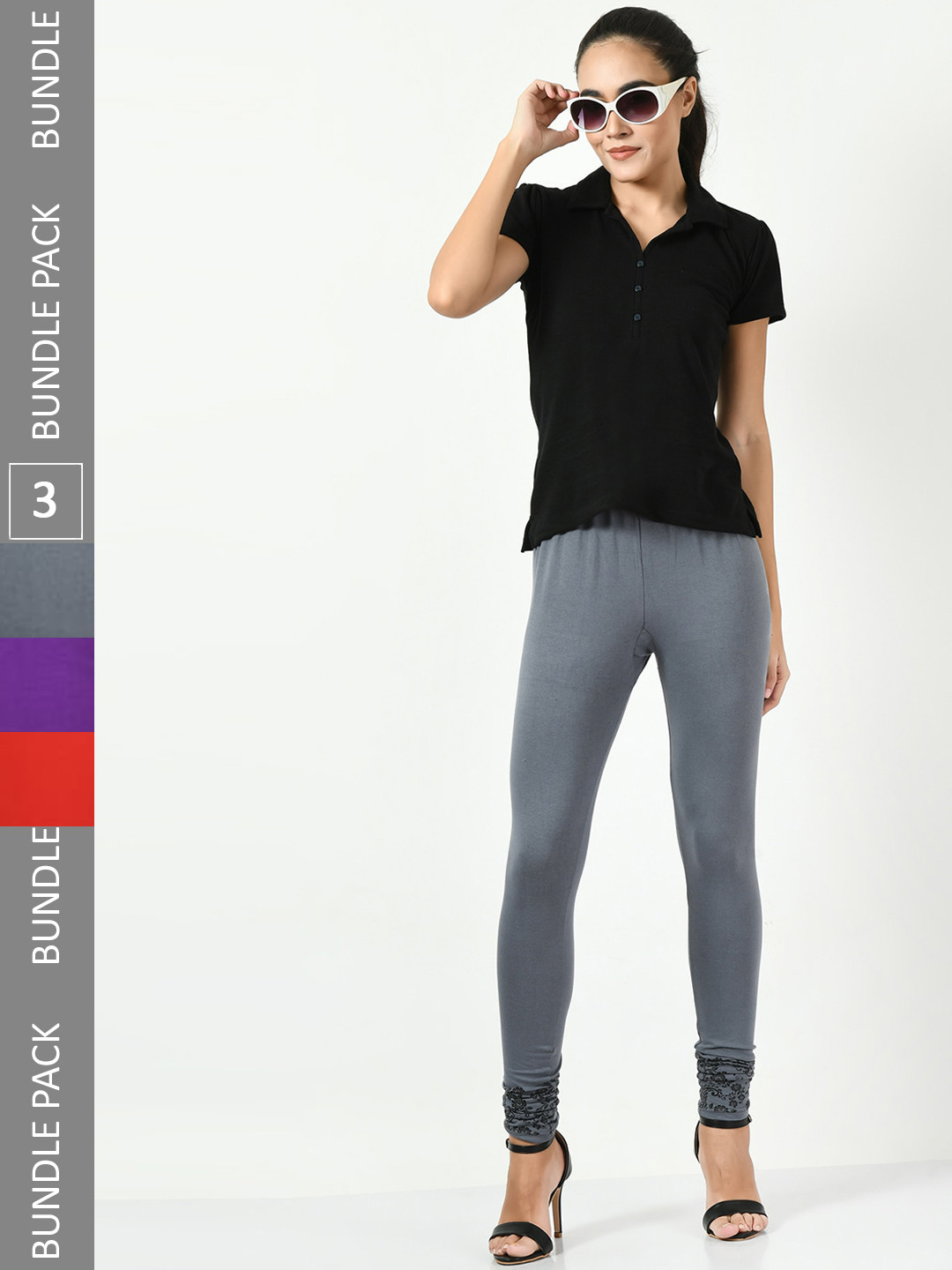 

BAESD Pack Of 3 Printed Slim-Fit Churidar-length Leggings, Grey